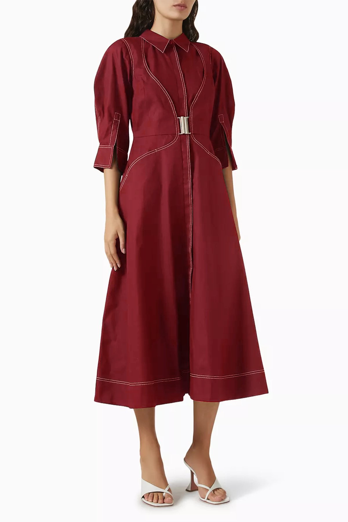 Wine Cotton Fit and Flare Midi Dress with Puff Sleeves