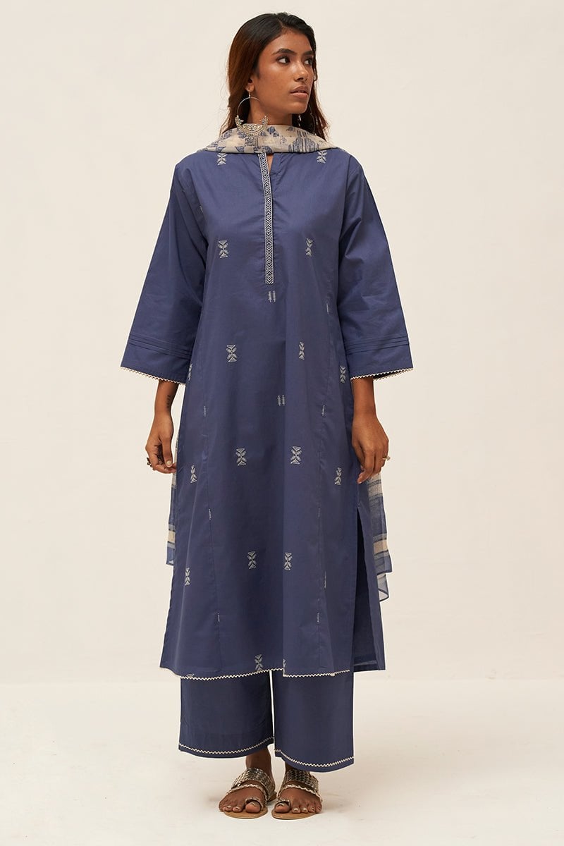 Blue Cotton Straight Kurta Set With Printed Dupatta