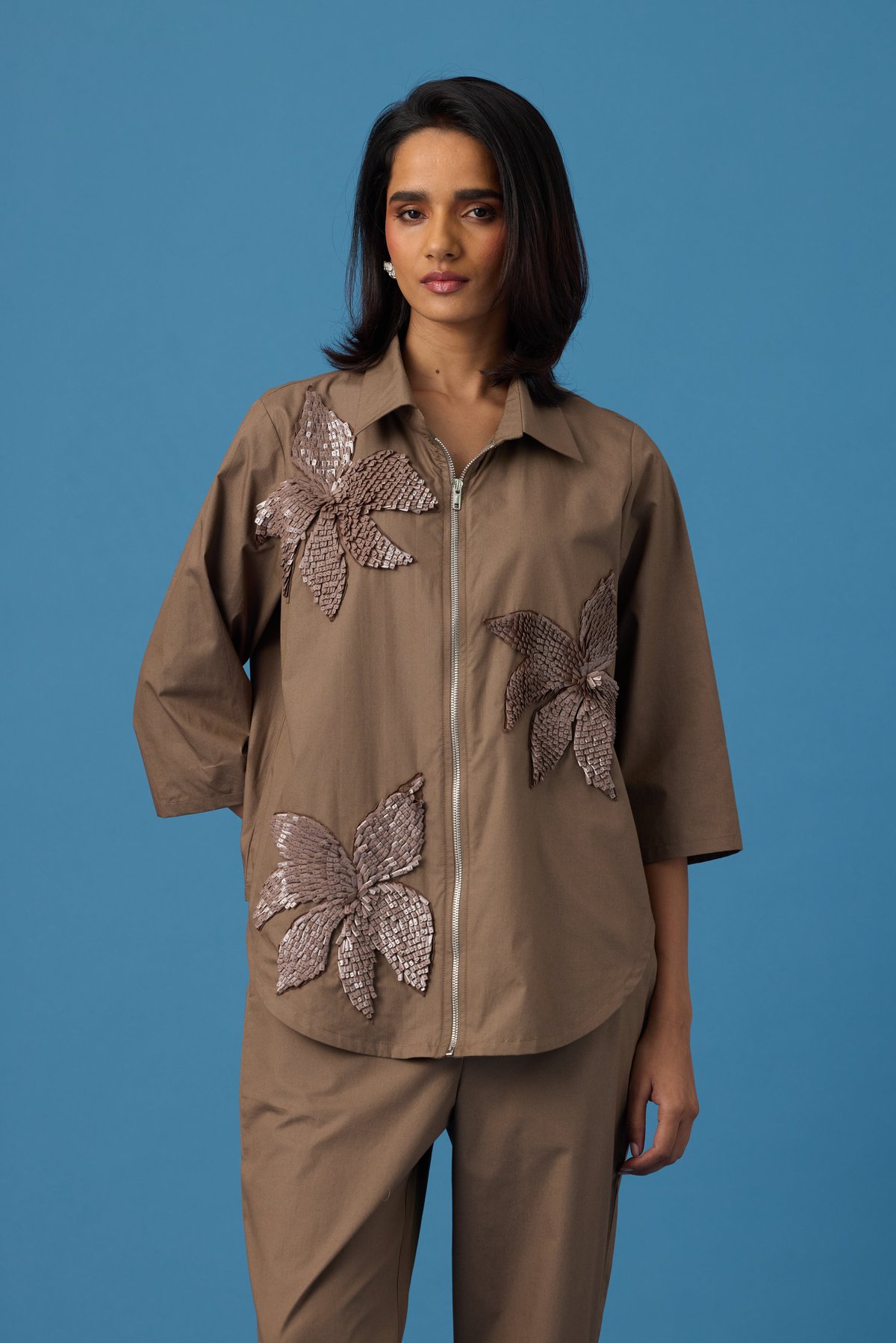 Earth Brown Zip-Front Floral Appliqué Shirt