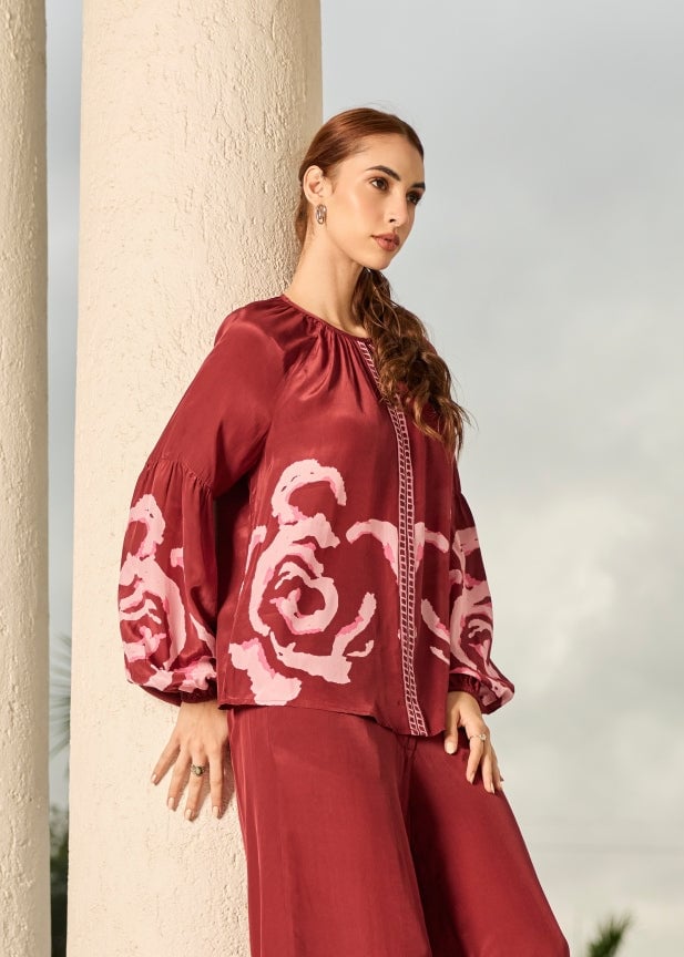 Wine Floral Printed Balloon Sleeve Top