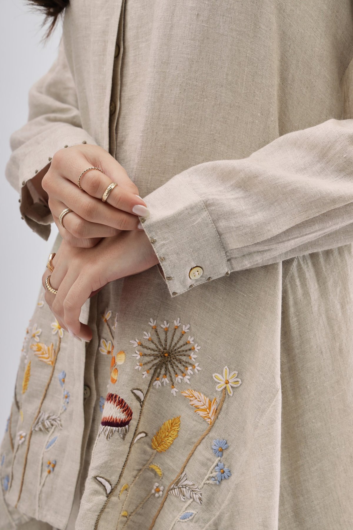 Beige Linen Tapered Trousers with Hem Embroidery