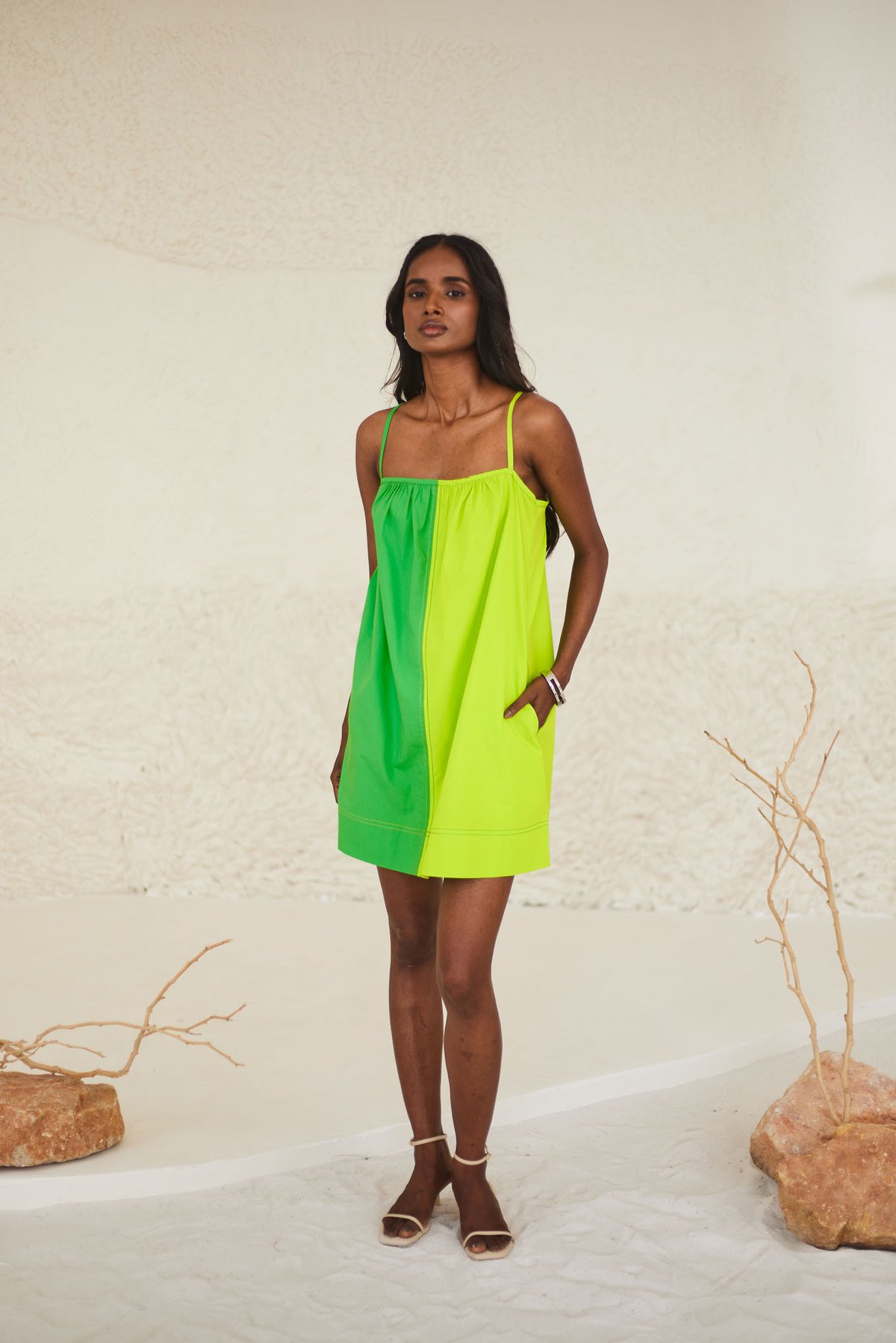 Green Colorblock Oversized Poplin Mini Dress