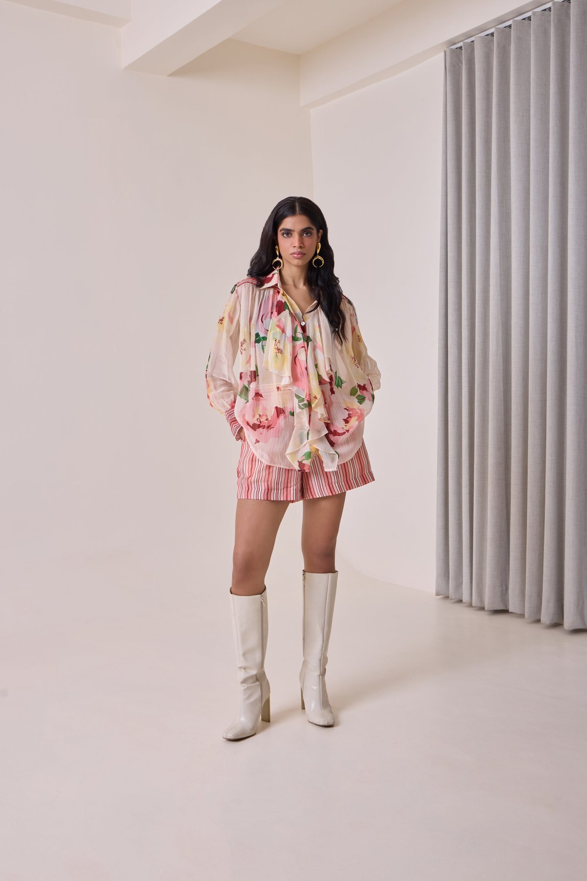 Peach Floral Organza Ruffle Shirt