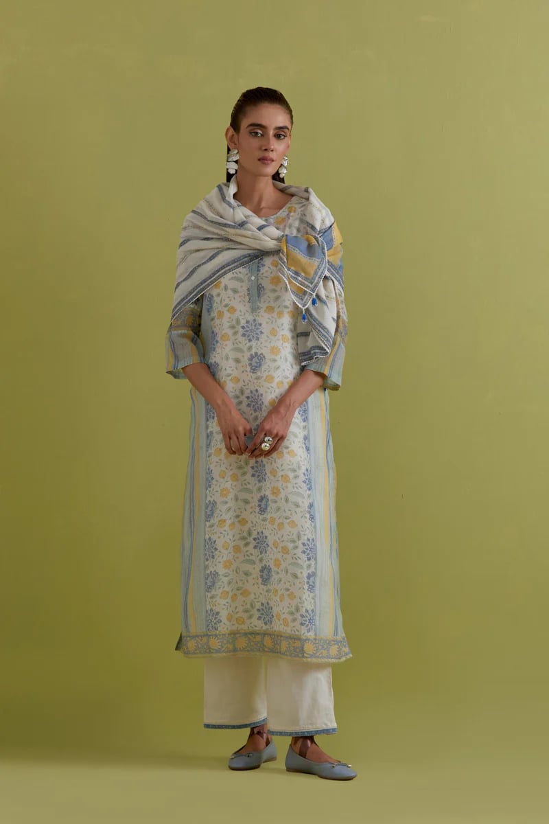 Off White Cotton Chanderi Kurta Pant