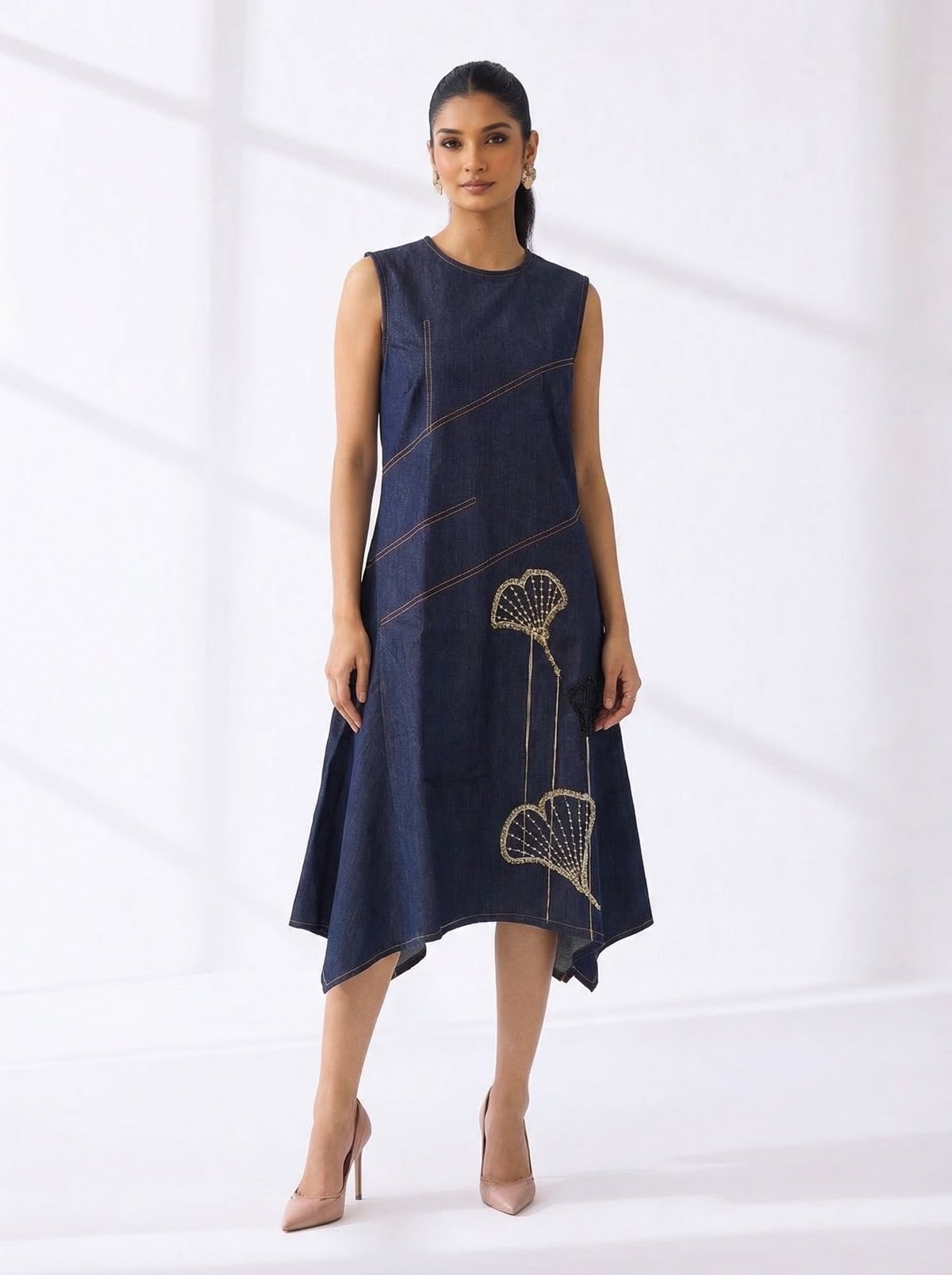 Denim Blue Sleeveless A-Line Midi Dress