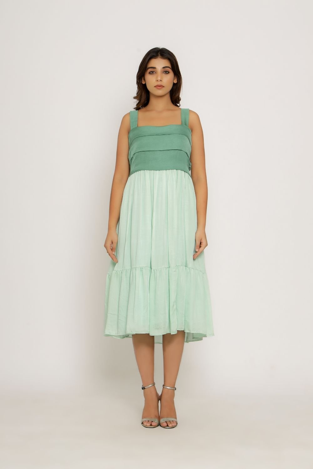 Teal and Tea Green Two-Tone Square Neck Midi Dress