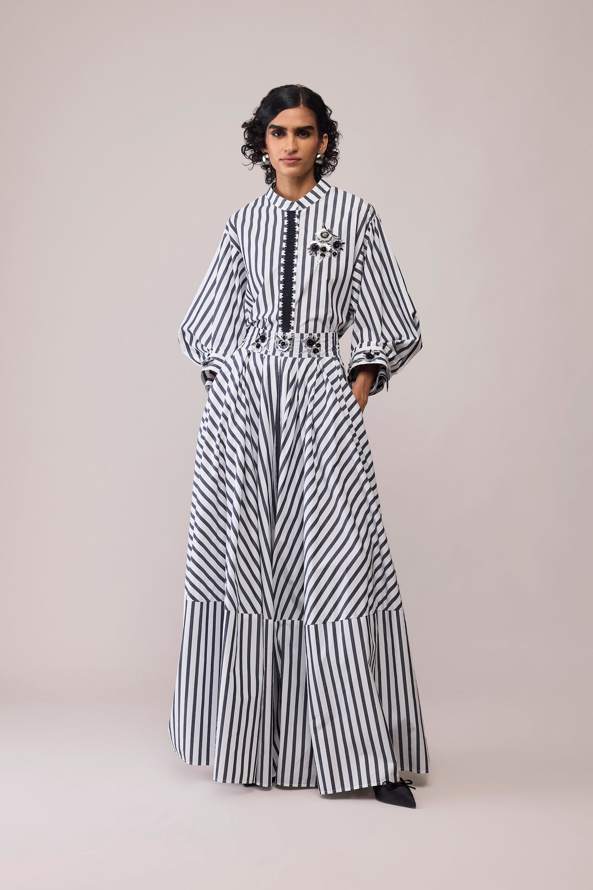 Black and White Striped Poplin Shirt with 3D Floral Detail