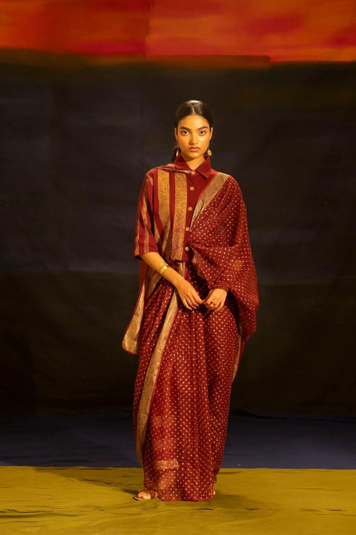 Illume Rift Maroon Saree with Collar Blouse