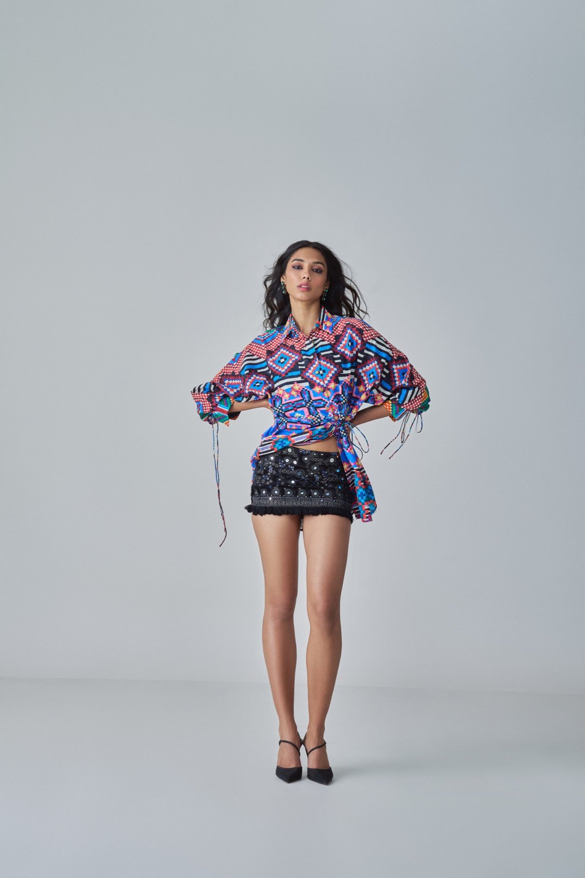 Black Satin Mirror Work Mini Skirt with Tassel Hem