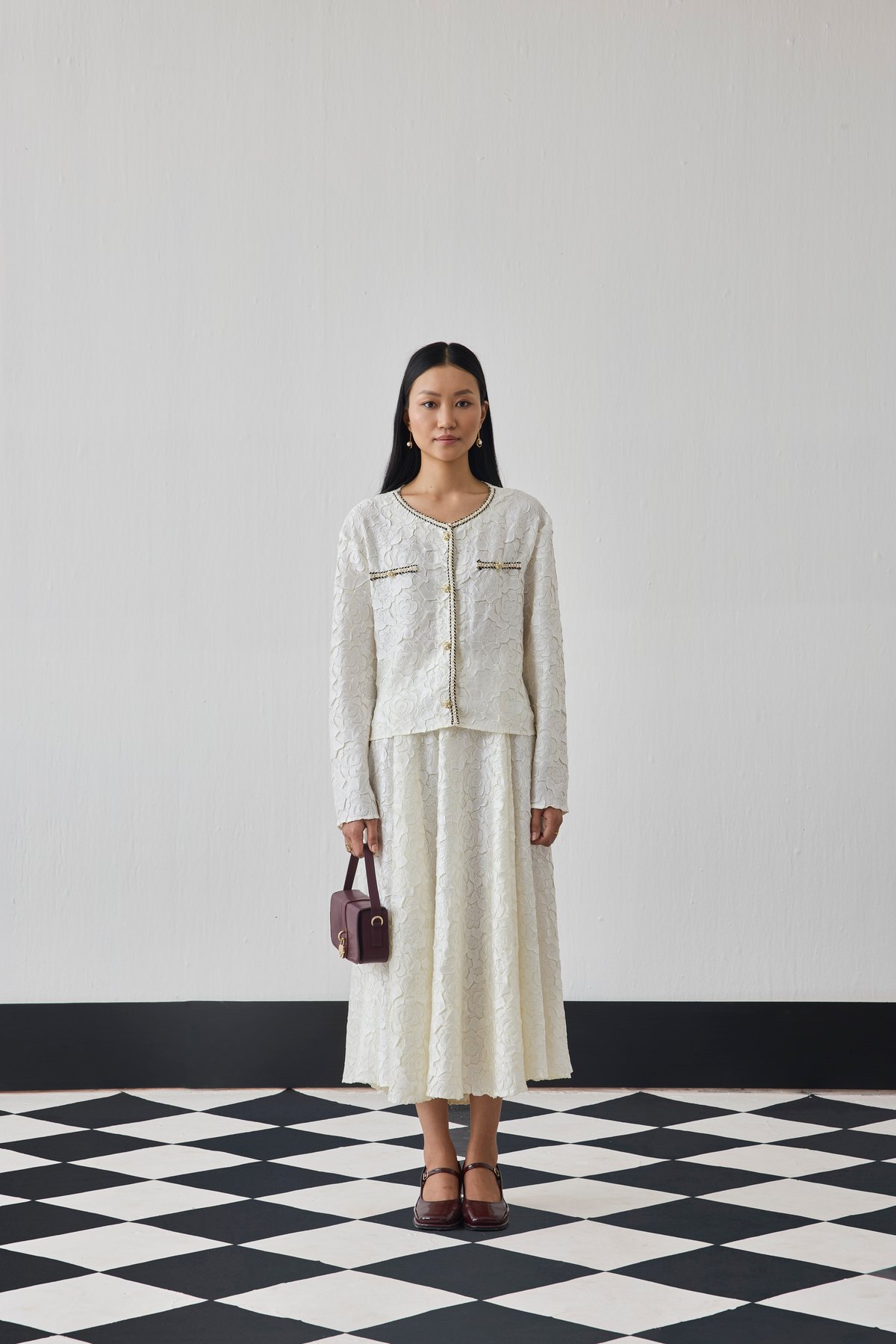 Ivory Textured Jacket and Midi Skirt Co-ord Set