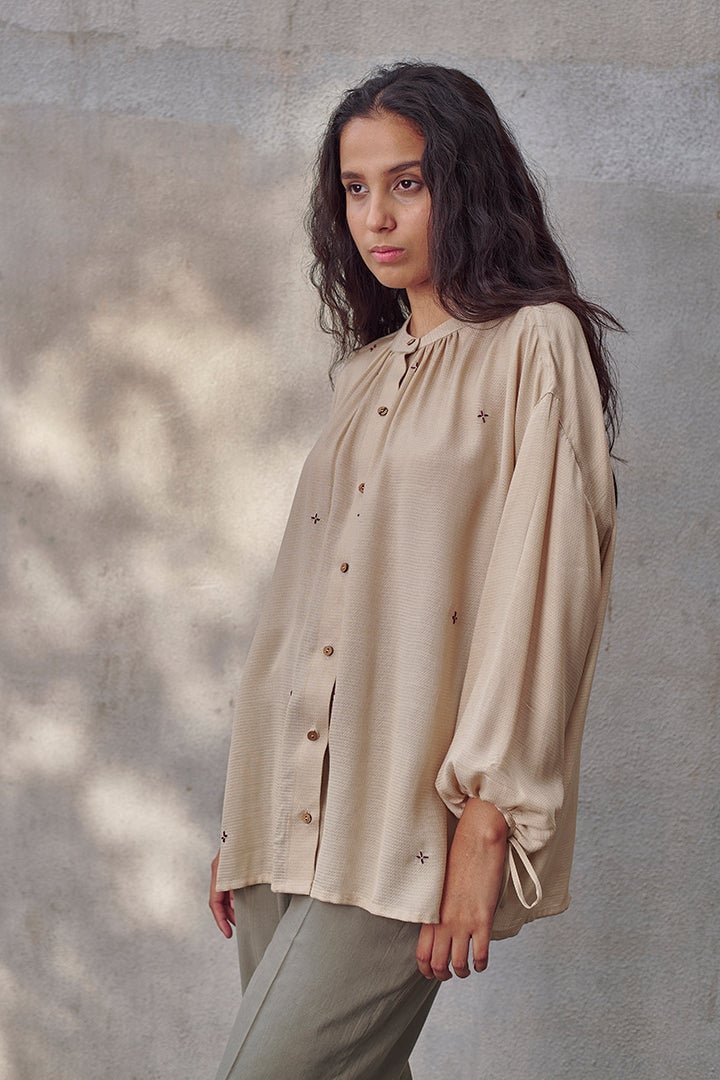 Beige Corn Husk Gathered Button-Front Flowy Top