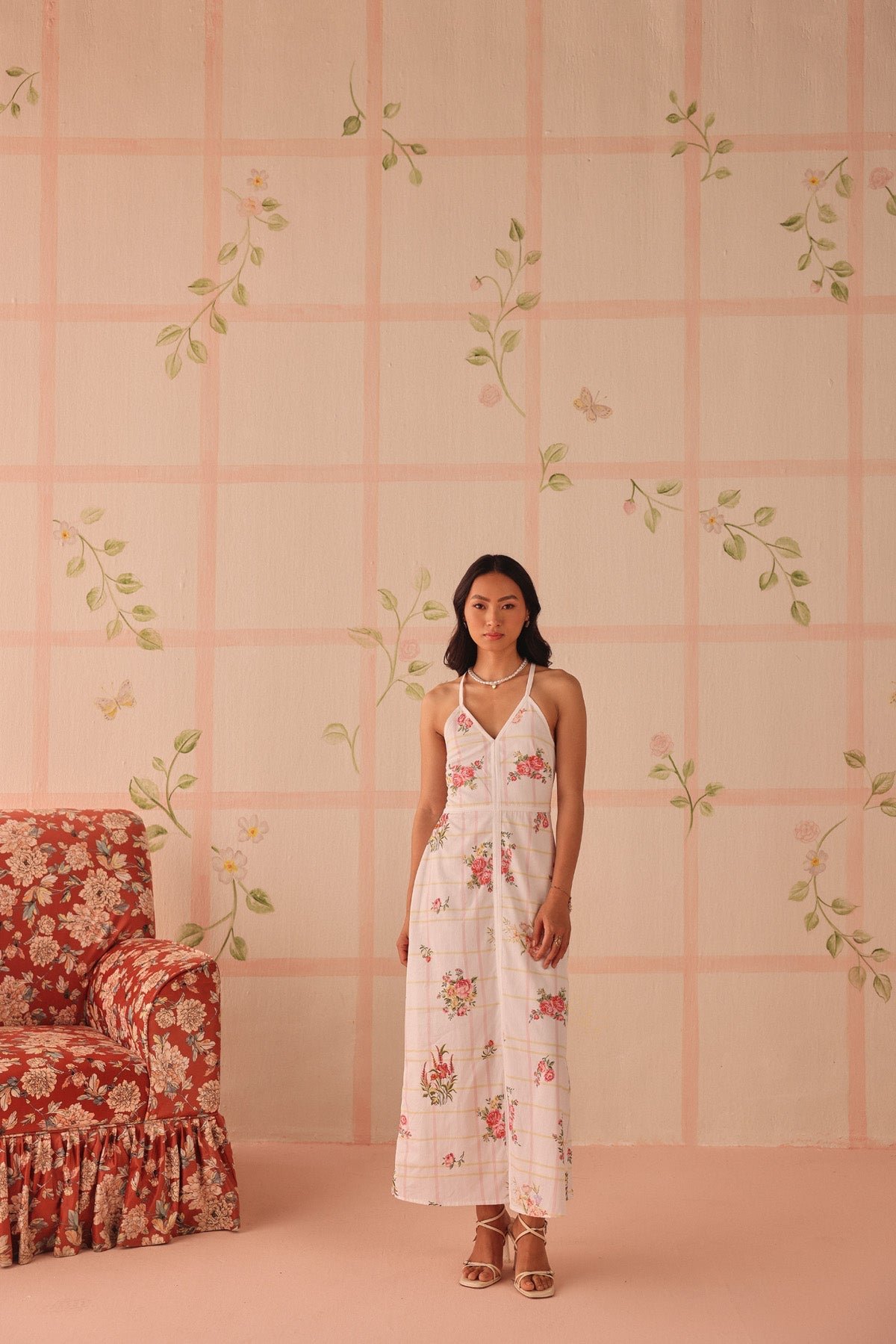 White Floral Check Cotton Satin Maxi Dress