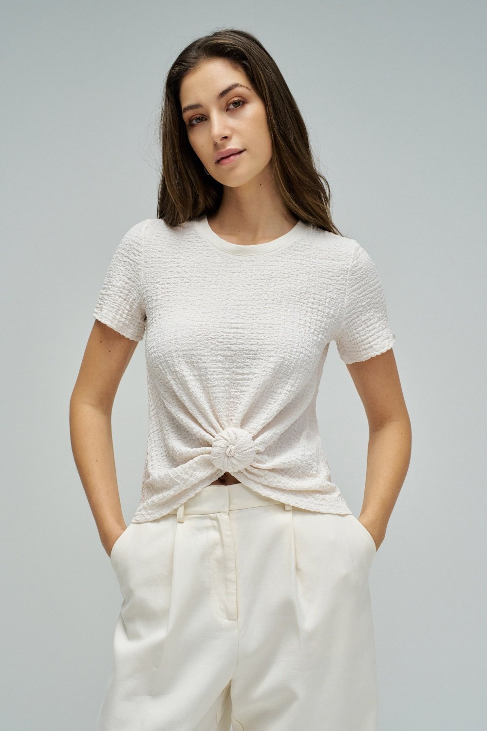 White Textured Knot-Front Round Neck T-Shirt