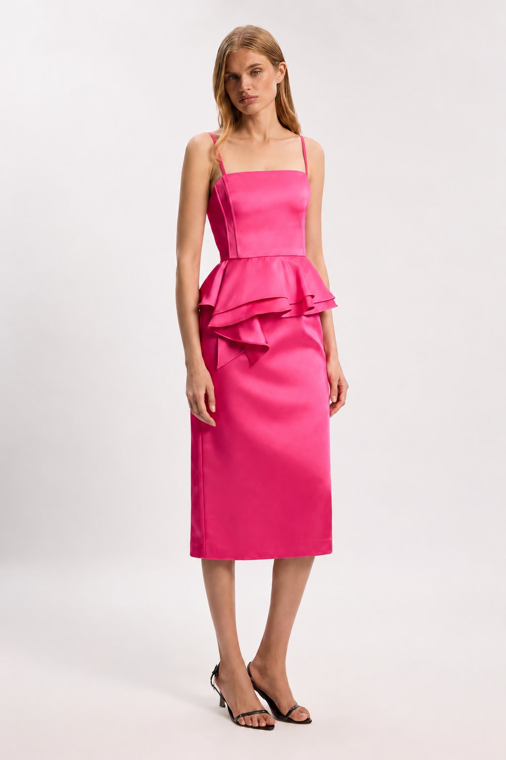 Bonded Satin Peplum Pencil Woven Midi Dress