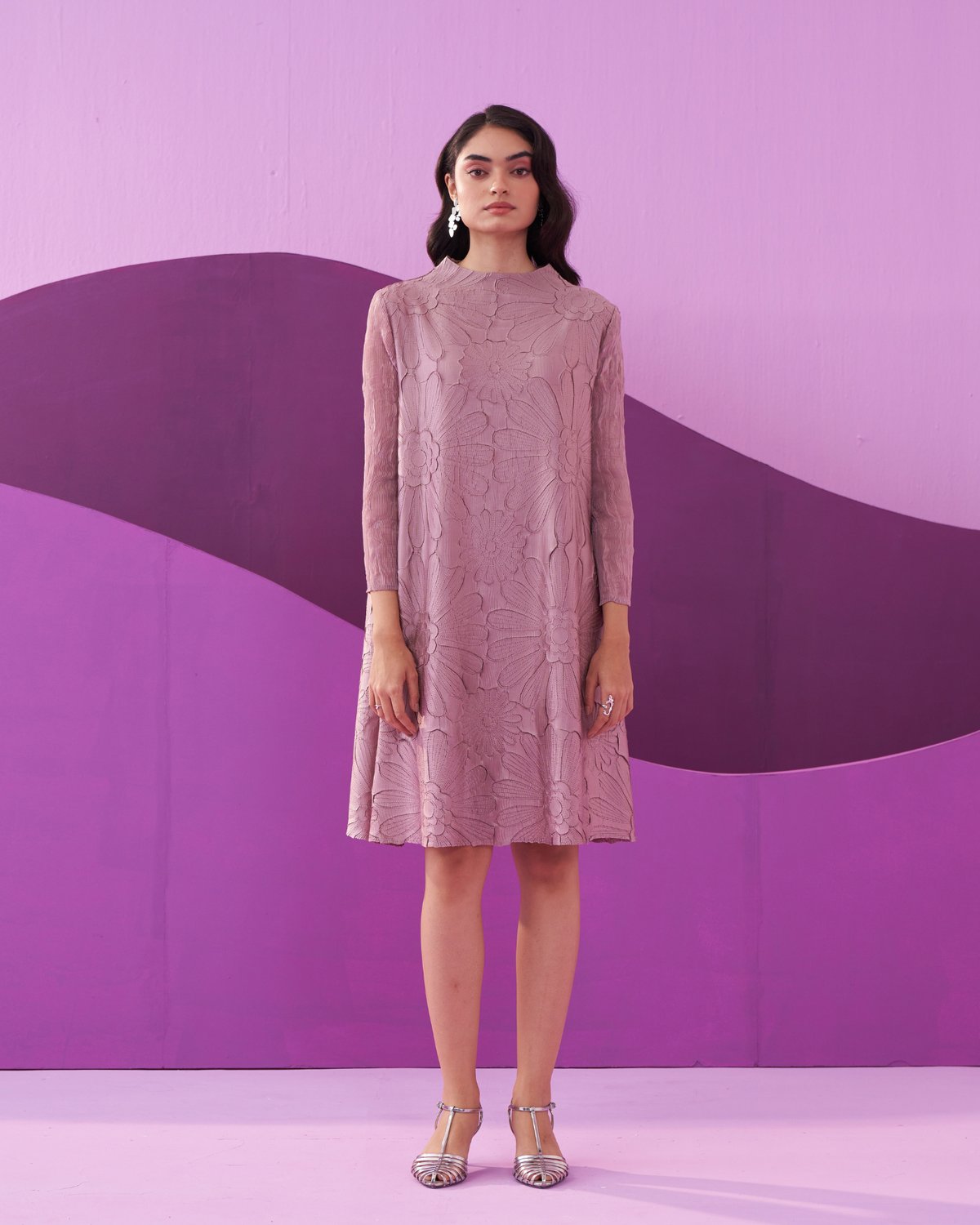 Mauve Floral Jacquard A-Line Knee-Length Dress