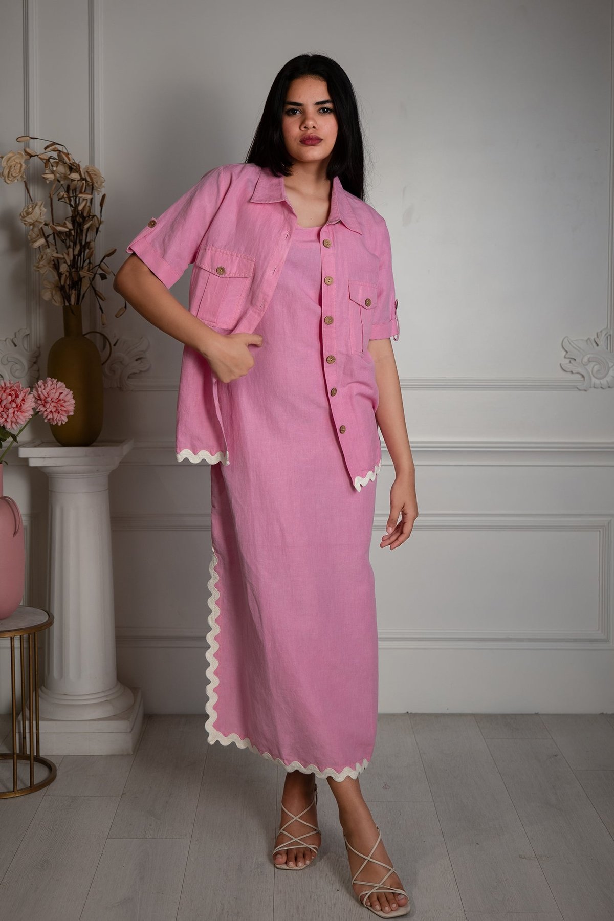 Pink Linen Maxi Dress and Jacket Co-ord Set