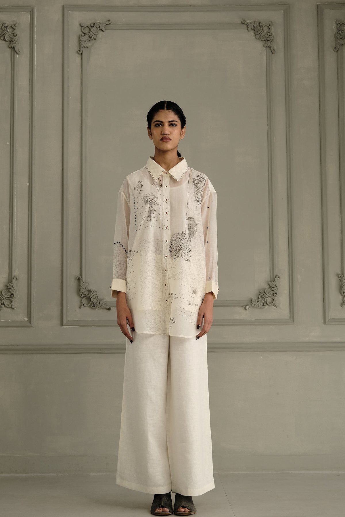 Mul Chanderi Embroidered Shirt And Flared Pants