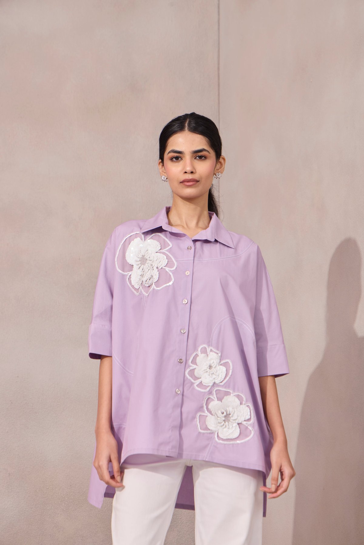Sweet Lavender Oversized Applique Cotton Poplin Shirt