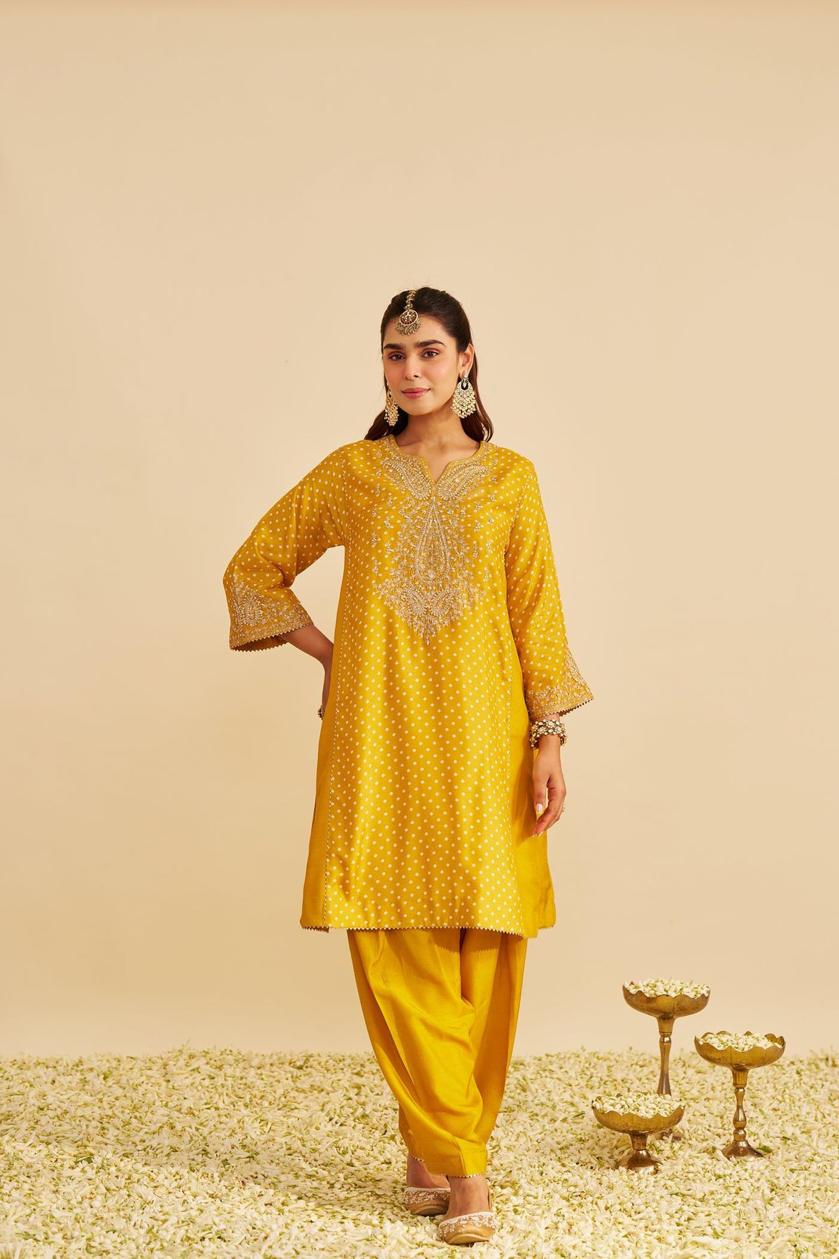 Mustard Upada Silk Bandhani Kurta Set with Salwar