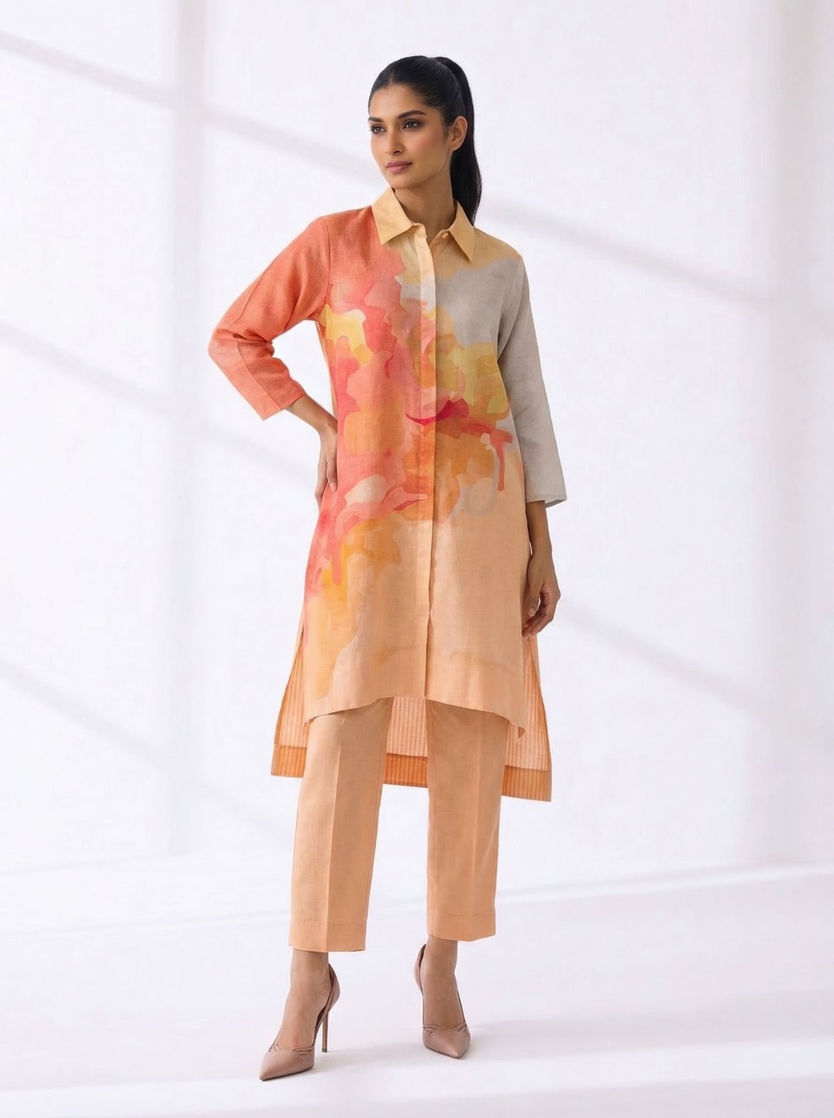 Peach Kurta Set Korean Linen