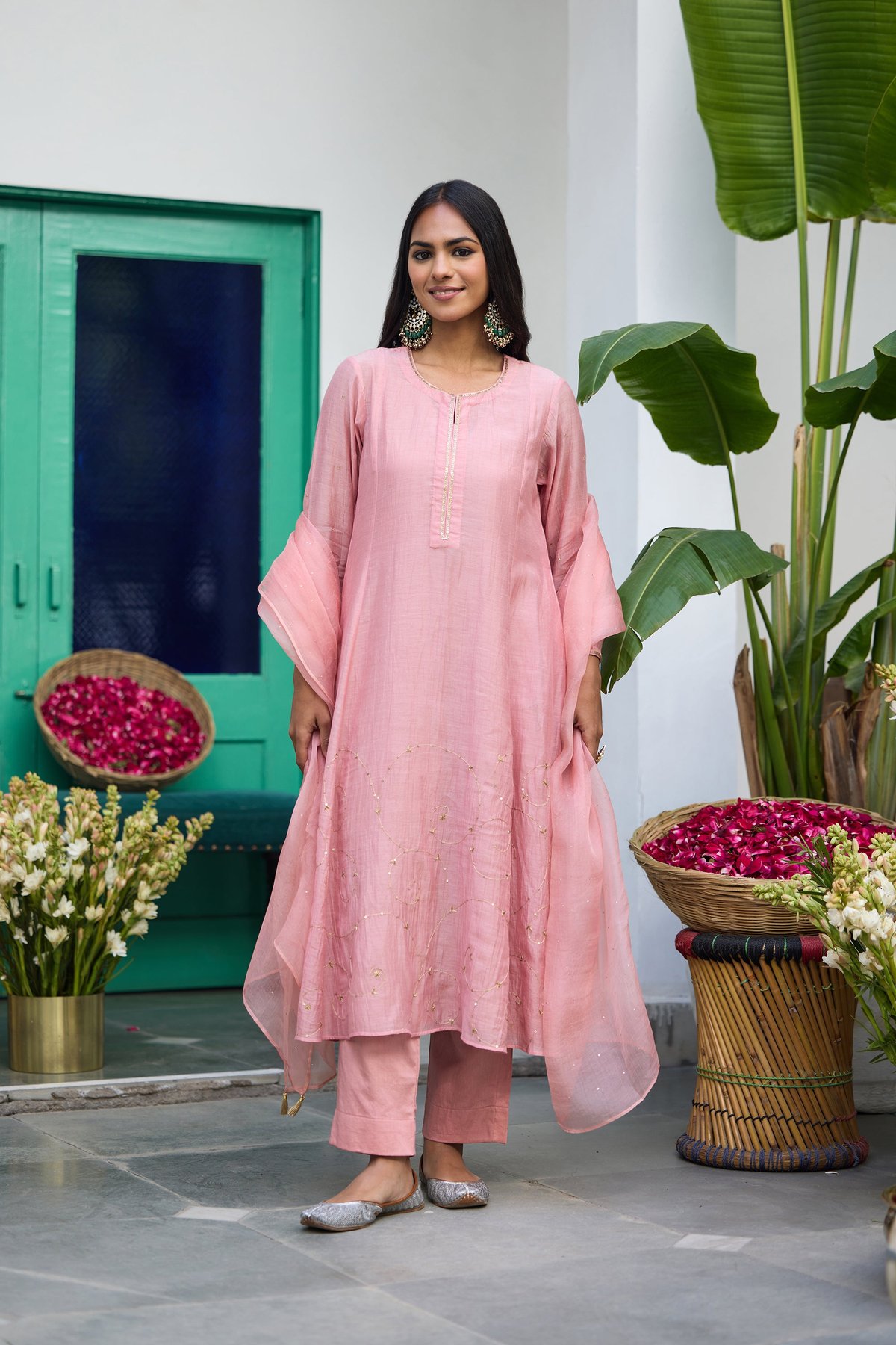 Peach Silk Chanderi Embroidered Kurta Set