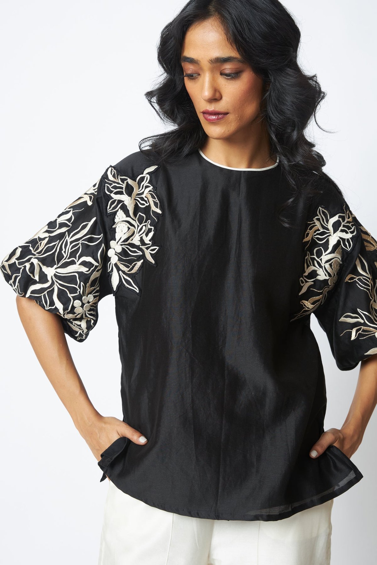 Black Chanderi Silk Embroidered Sleeve Top