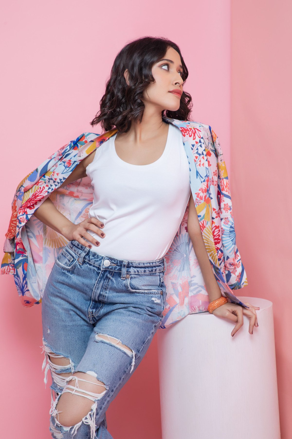 Multicolor Floral Open-Front Rayon Blazer Overlay