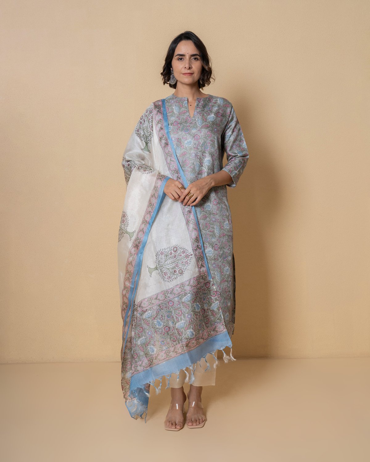 Misty Flora Block Print Tussar Silk Kurta