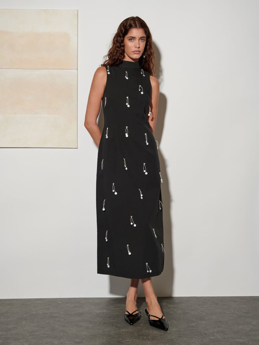 Black Embellished High-Neck Midi Column Dress