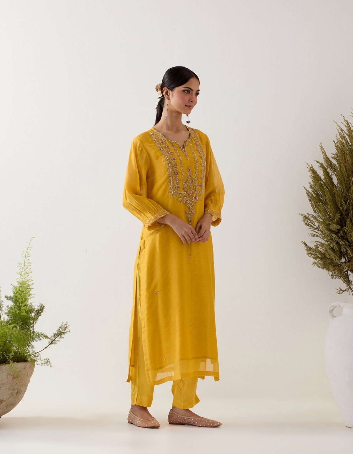 Mustard Embroidered Chanderi Kurta Set with Pants