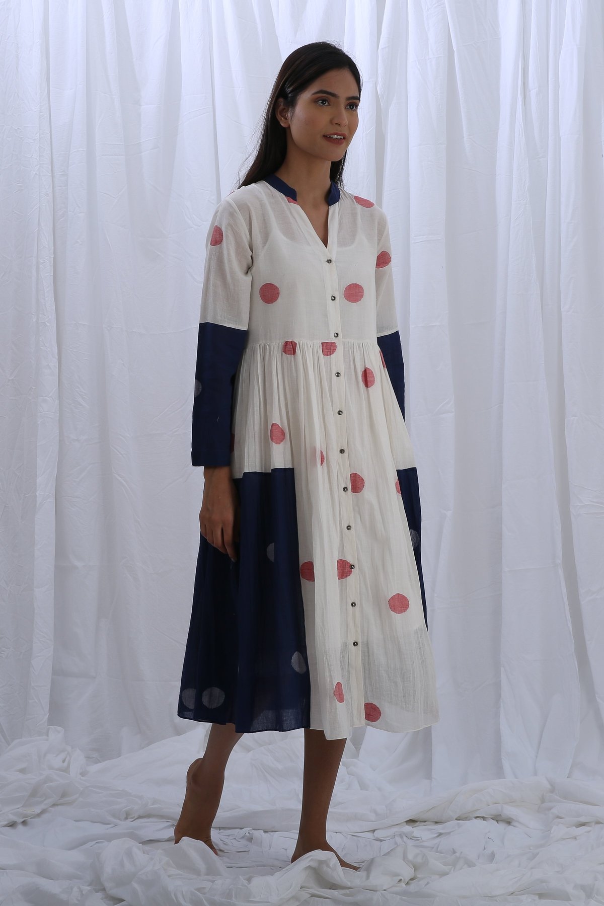 White and Navy Colorblock Polka Dot Long Shirt
