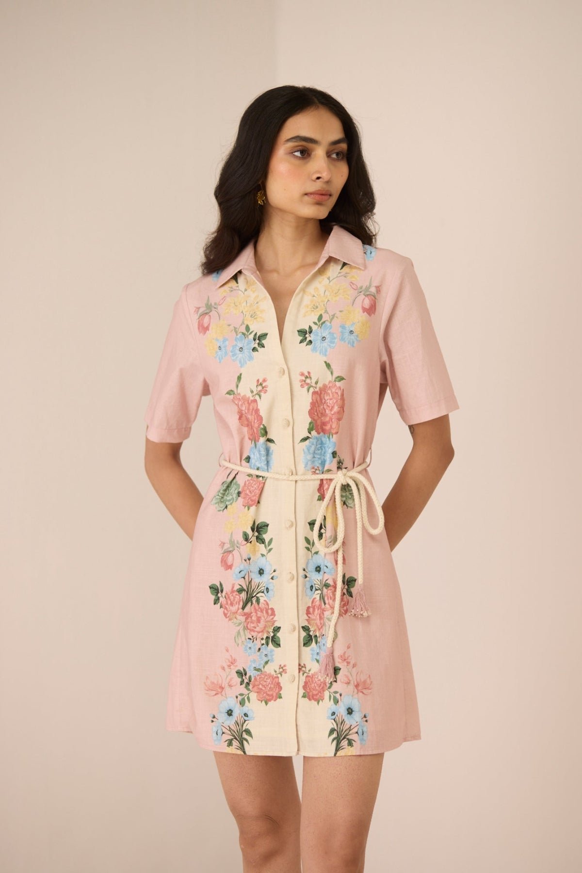 Blush Botanical Floral Button-Down Mini Shirt Dress with Belt