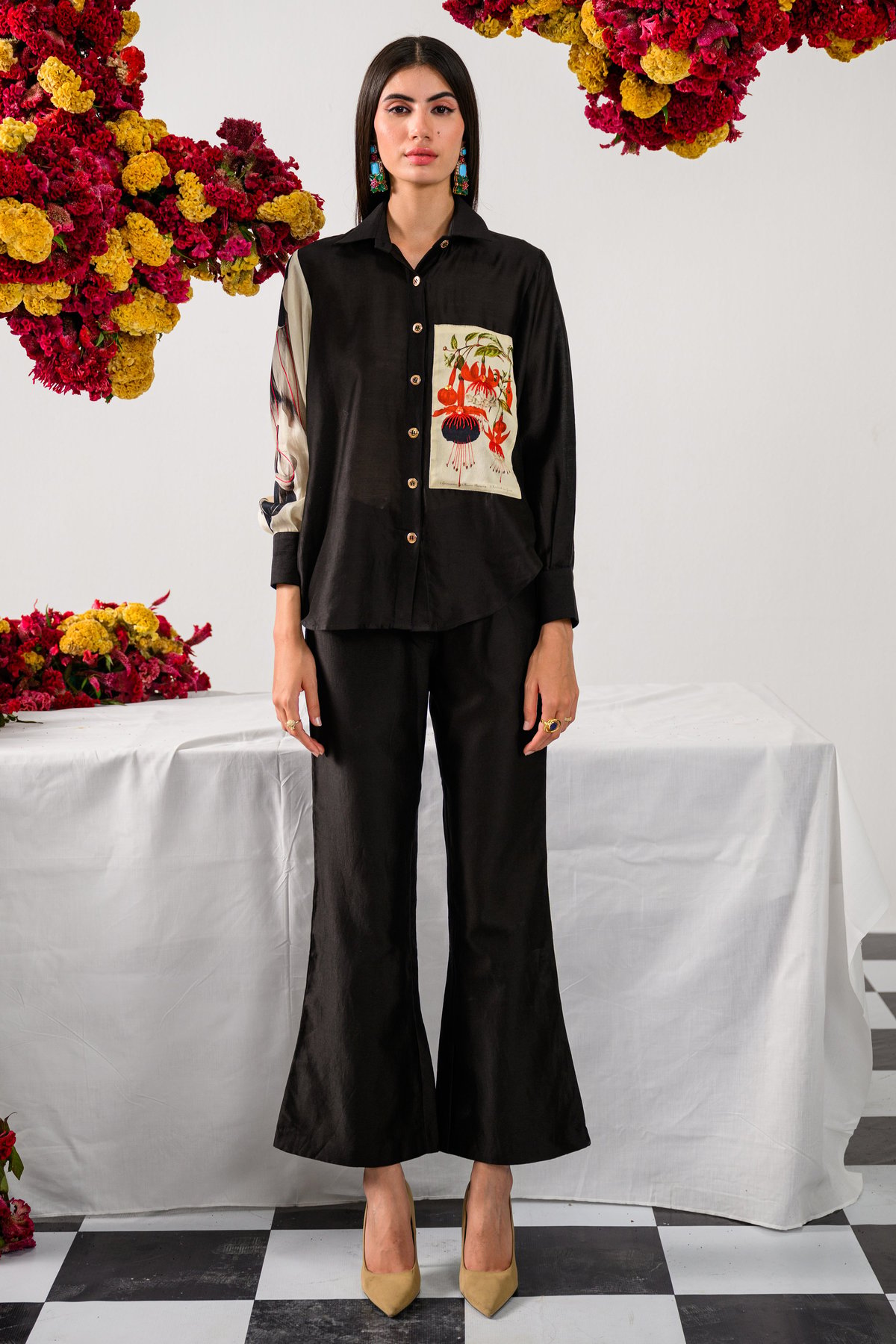 Black Chanderi Silk Shirt with Printed Sleeves