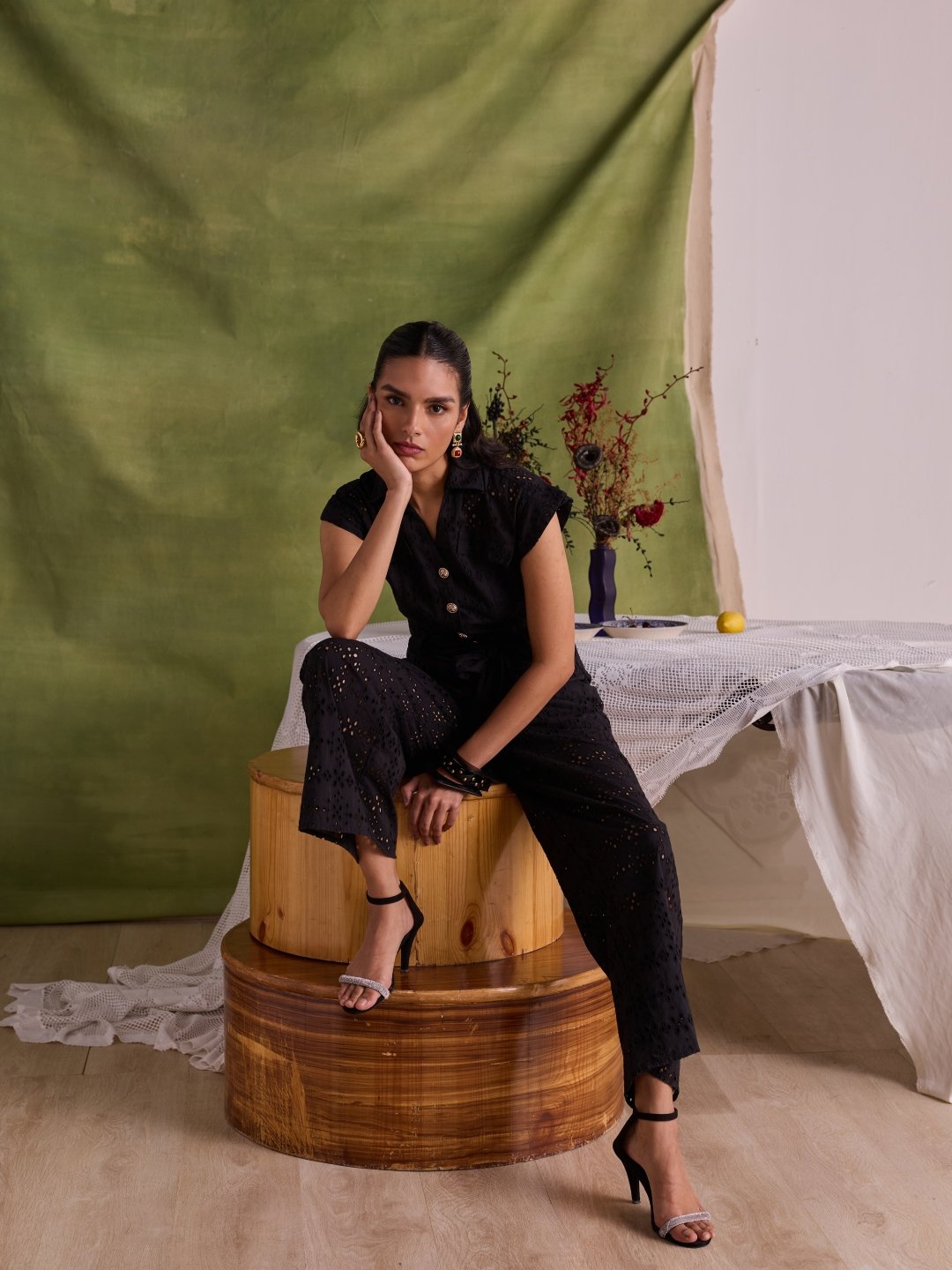 Black Cotton Schiffli Cutwork Button-Down Jumpsuit