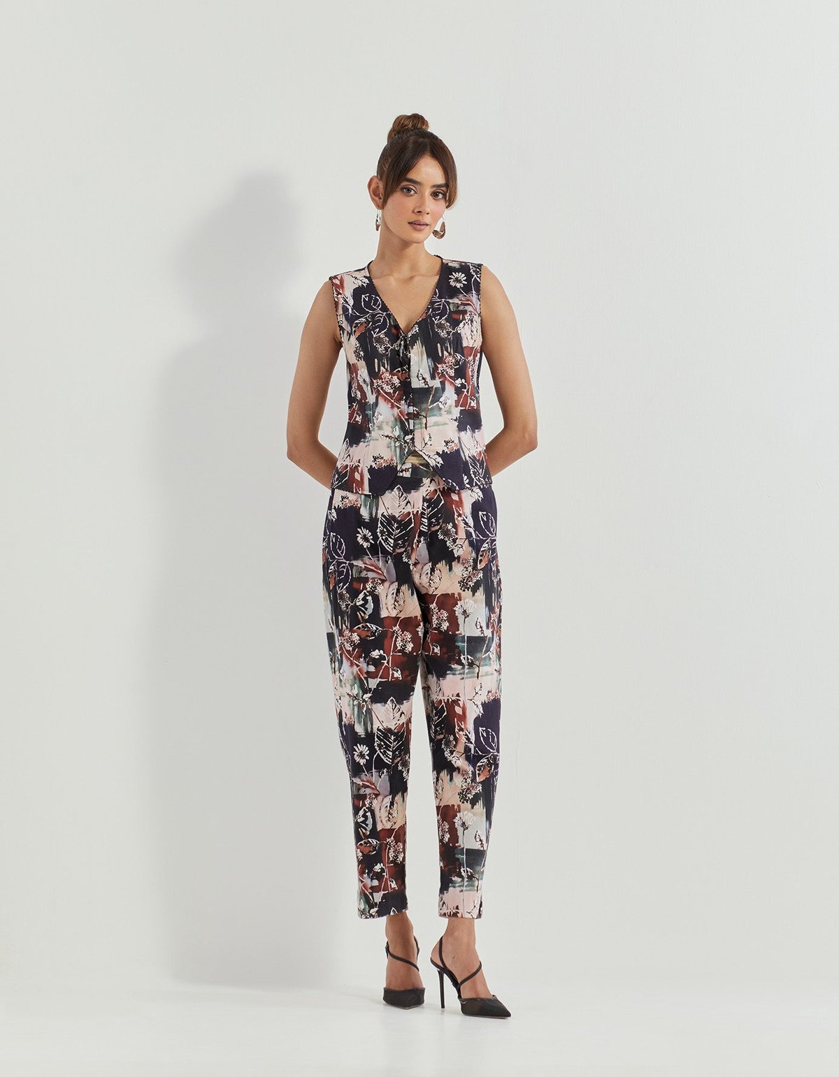 Black Abstract Print Waistcoat Top and Pants Co-ord Set