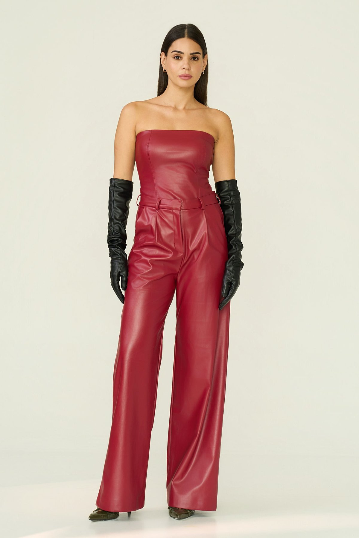 Maroon Faux Leather High-Waist Wide-Leg Trousers
