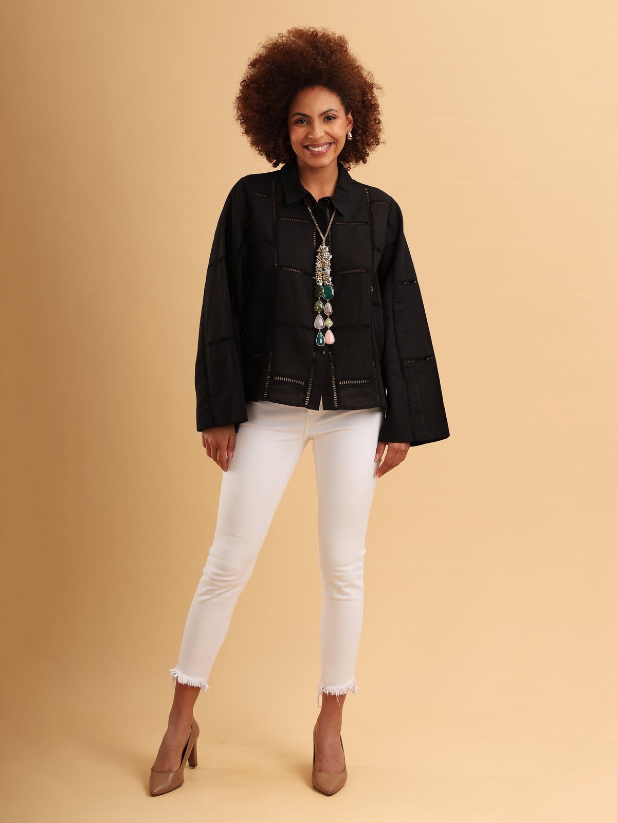 Black Cotton Linen Ladder Lace Button-Down Shirt