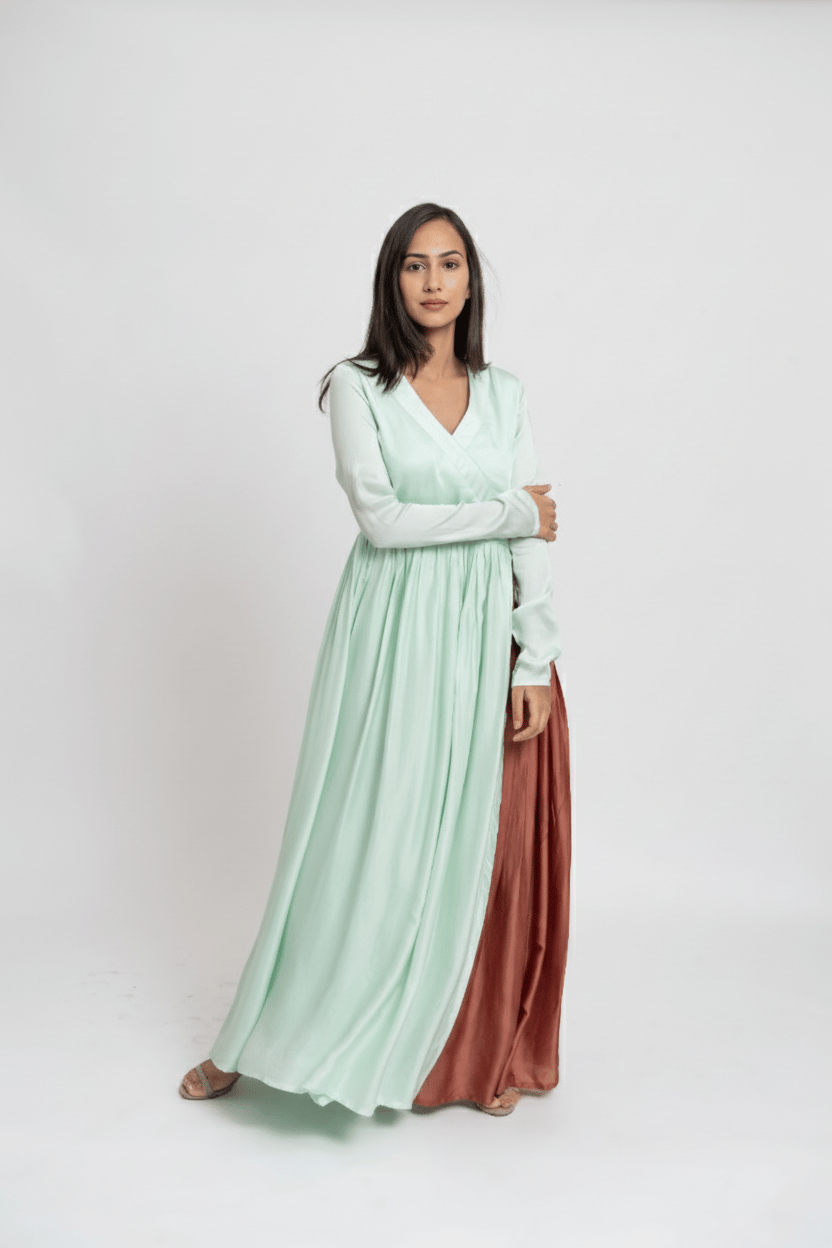 Tea Green Colorblocked Angrakha Kurta