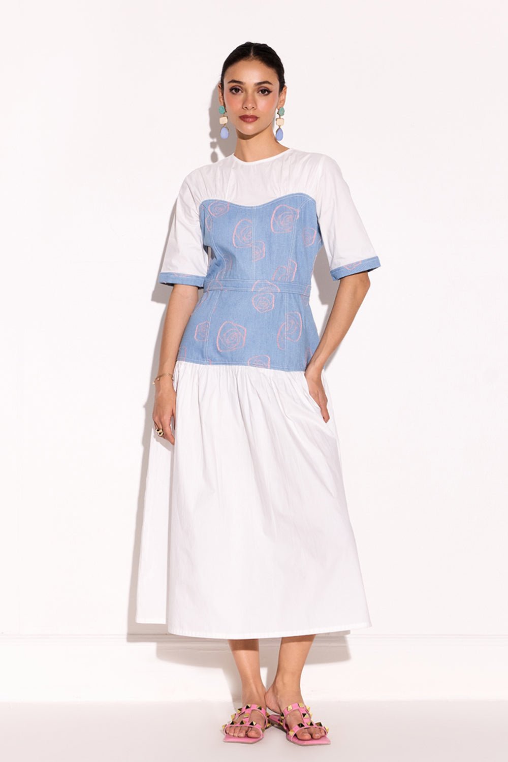Blue and White Denim Bodice Fit and Flare Midi Dress
