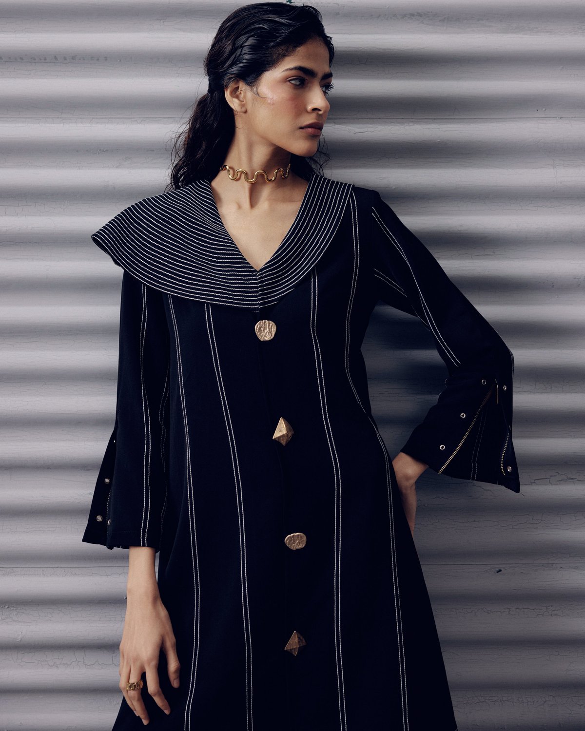 Black Pinstripe Knee-Length Coat Dress with Wide Collar