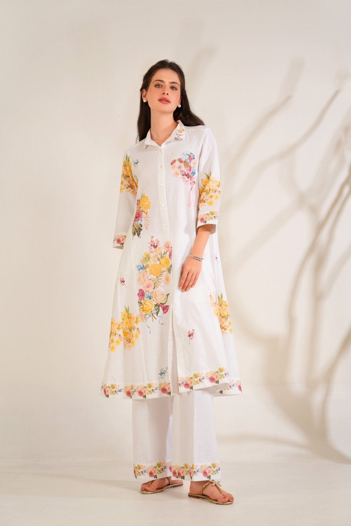 White Floral Cotton Linen A-Line Kurta Set With Trousers