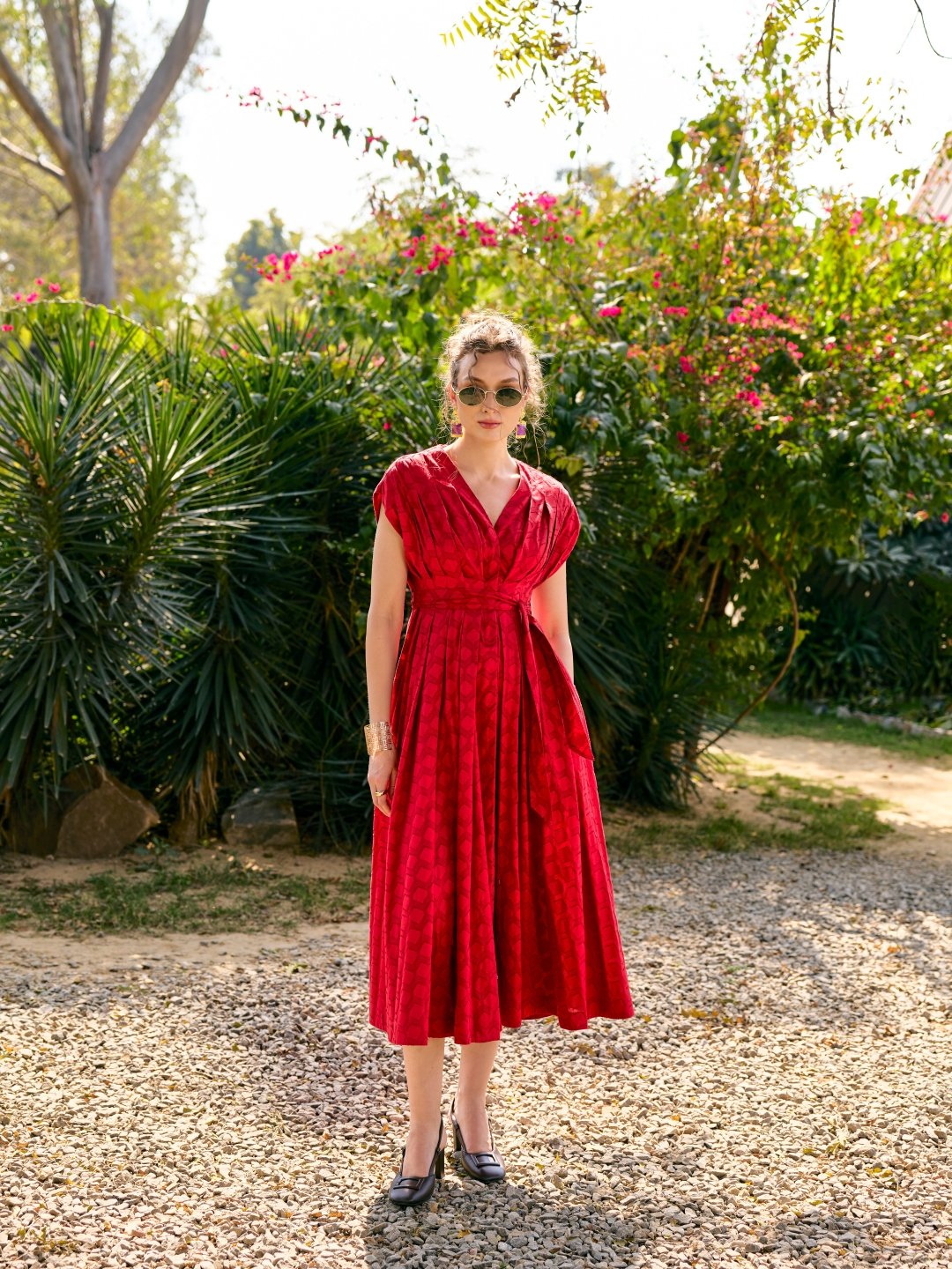 Red Textured Fit and Flare Midi Dress with Waist Sash