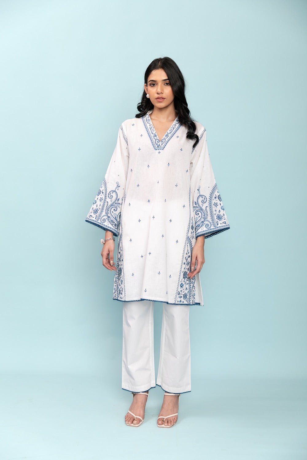 White and Indigo Embroidered Linen Kurta Set with Dupatta