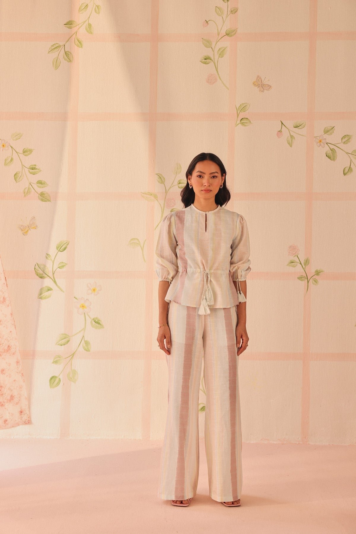 Pastel Striped Cotton-Linen Wide-Leg Trousers