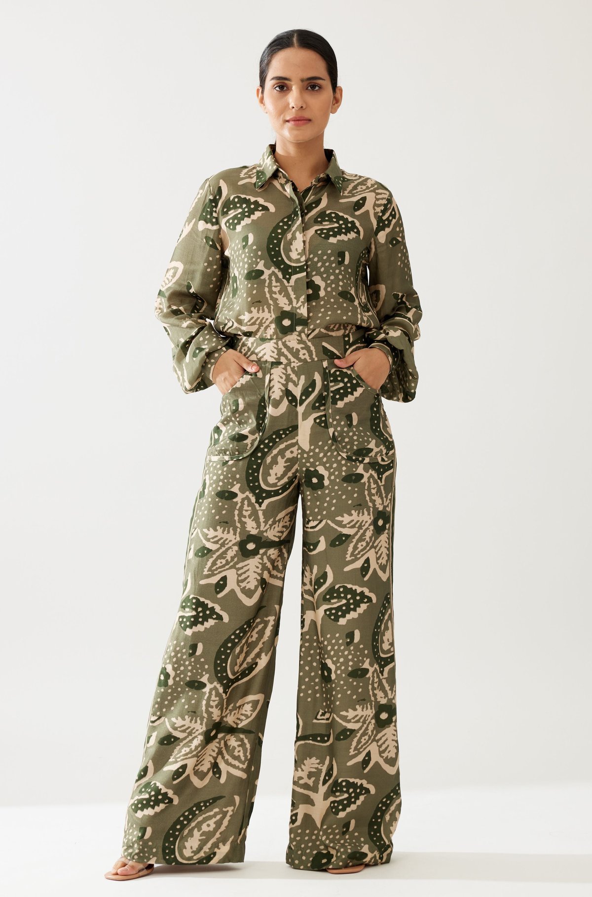 Green And Cream Floral Pants
