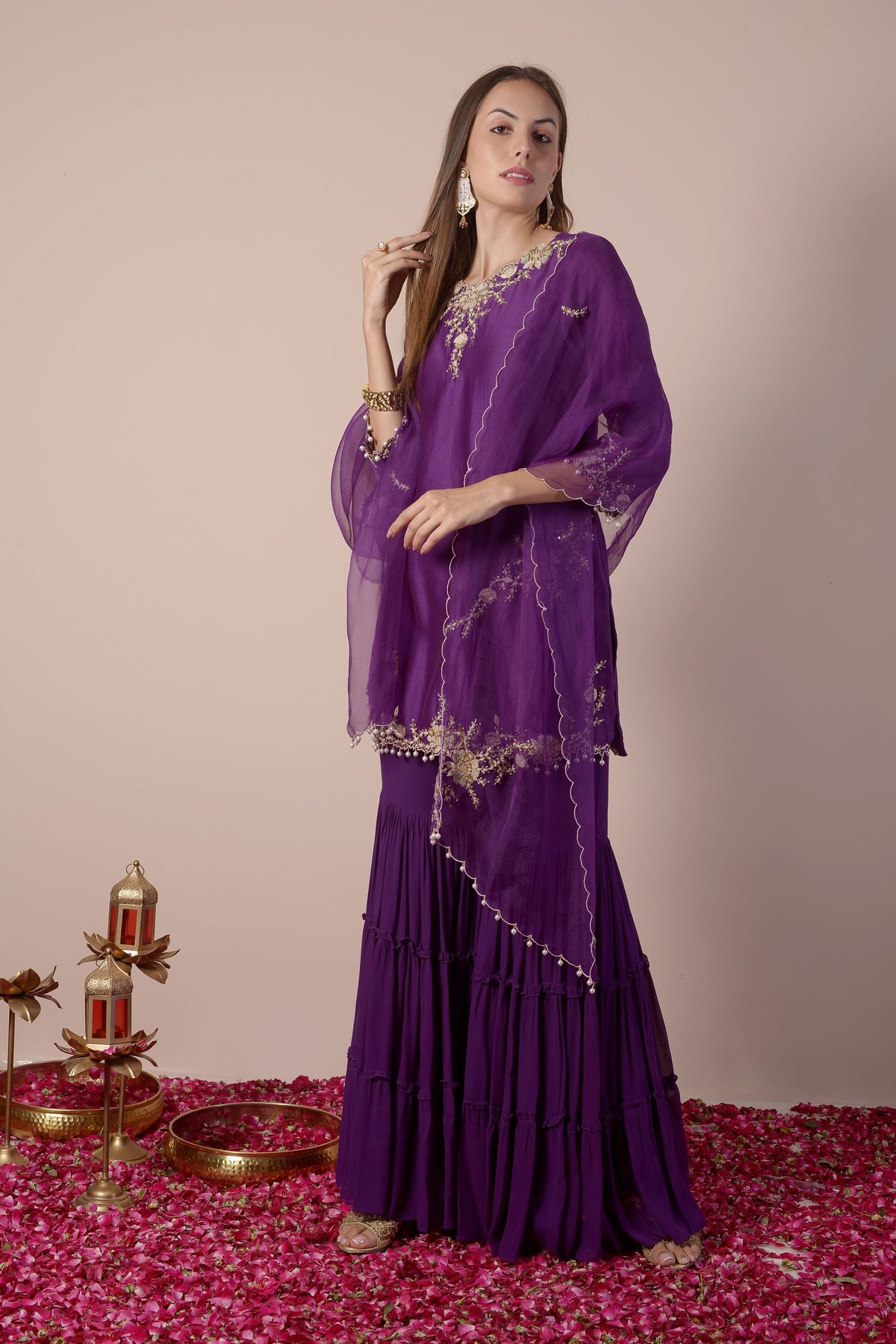 Purple Embroidered Kurta and Gharara Set with Dupatta