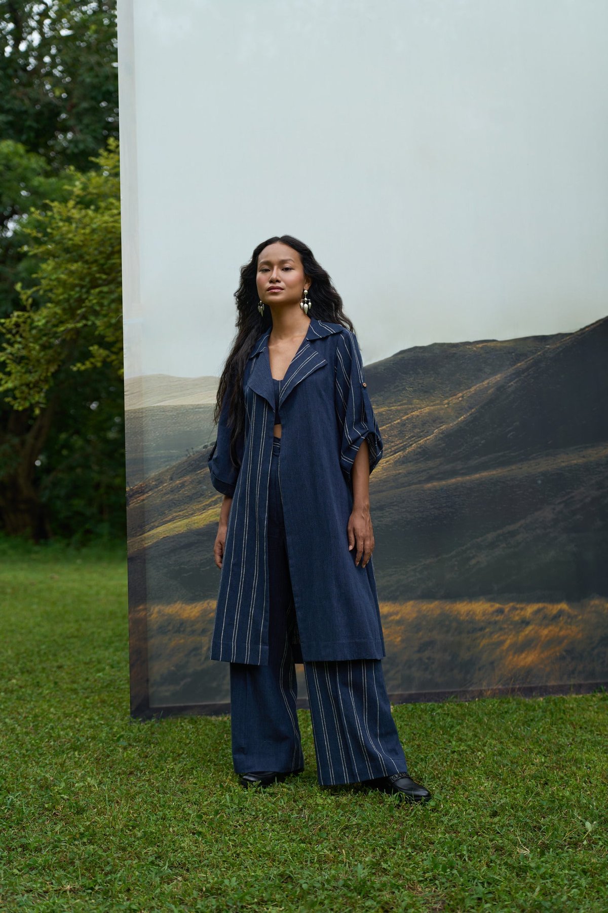 Navy Blue Trench Overlay and Flared Pants Co-ord Set