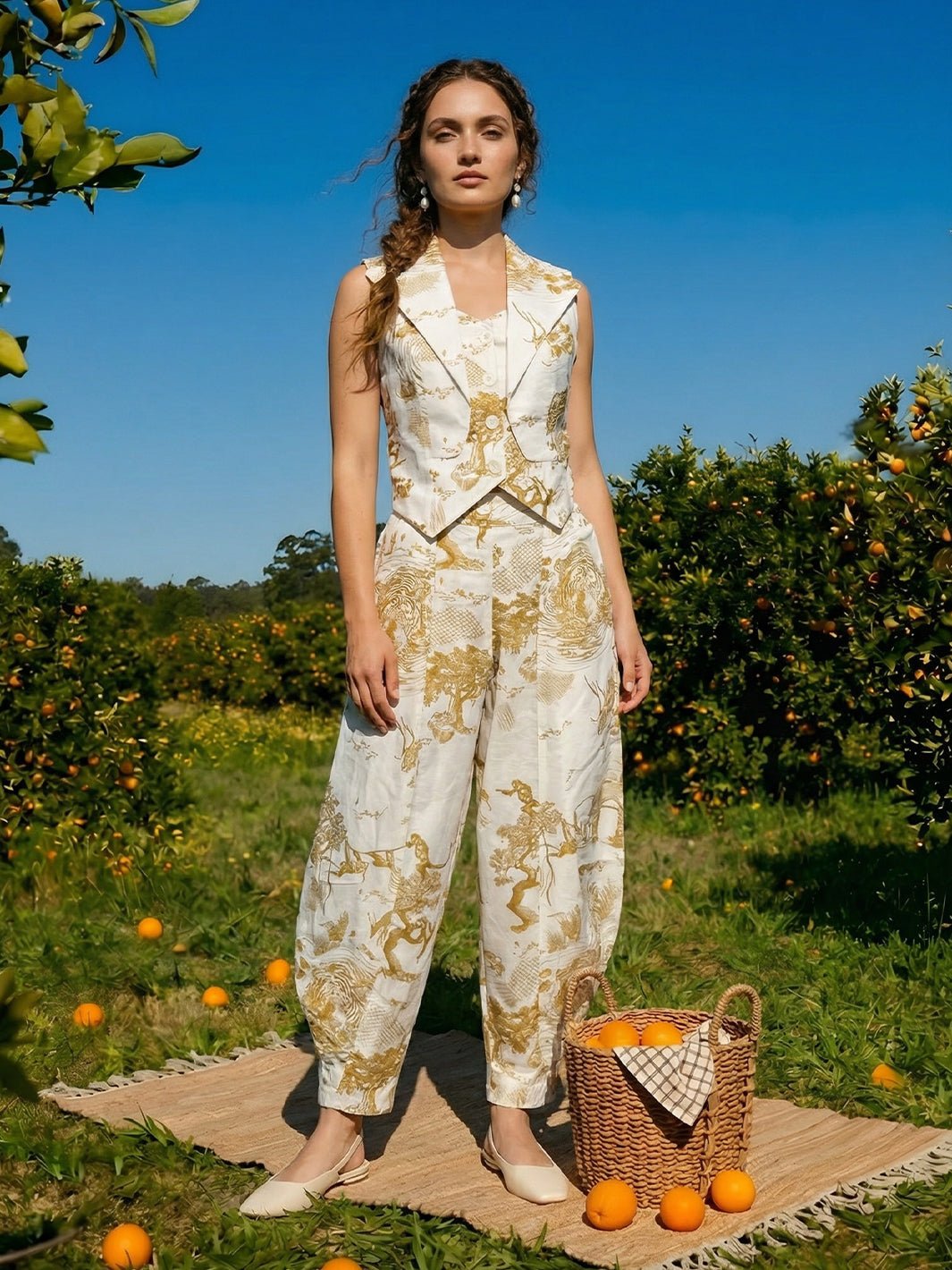 Ivory High-Waist Printed Dhoti-Drape Trousers