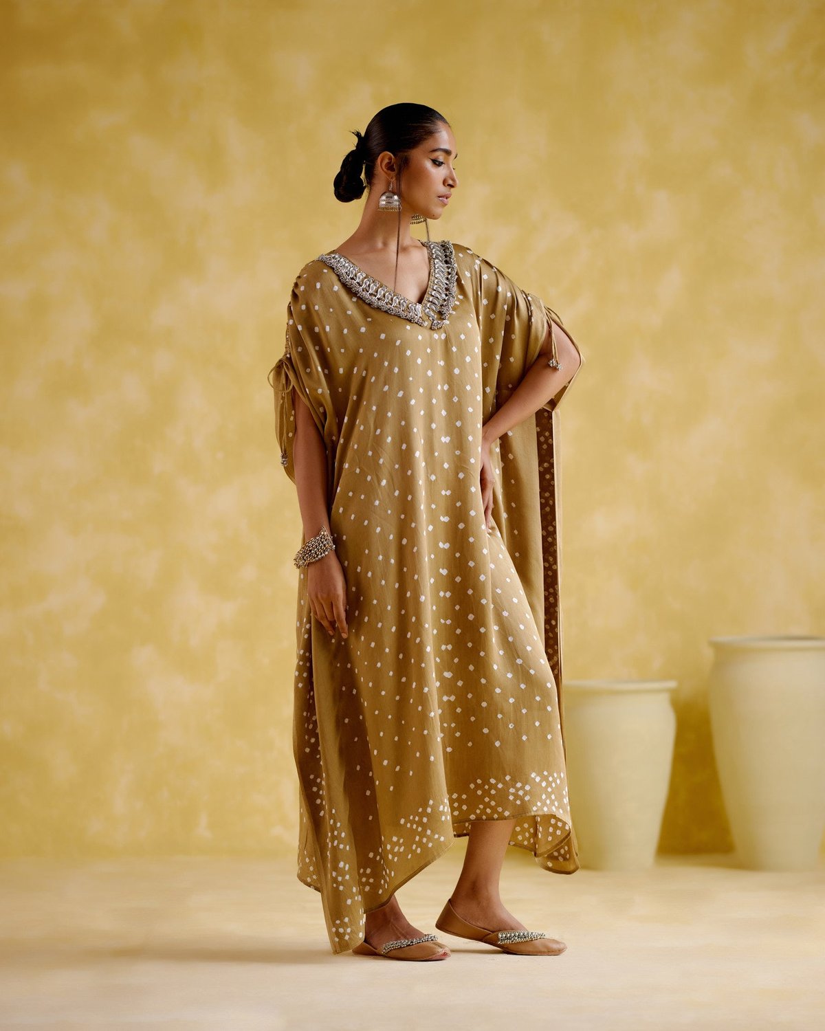 Beige Bandhani Print Kaftan with Embellished V-Neck