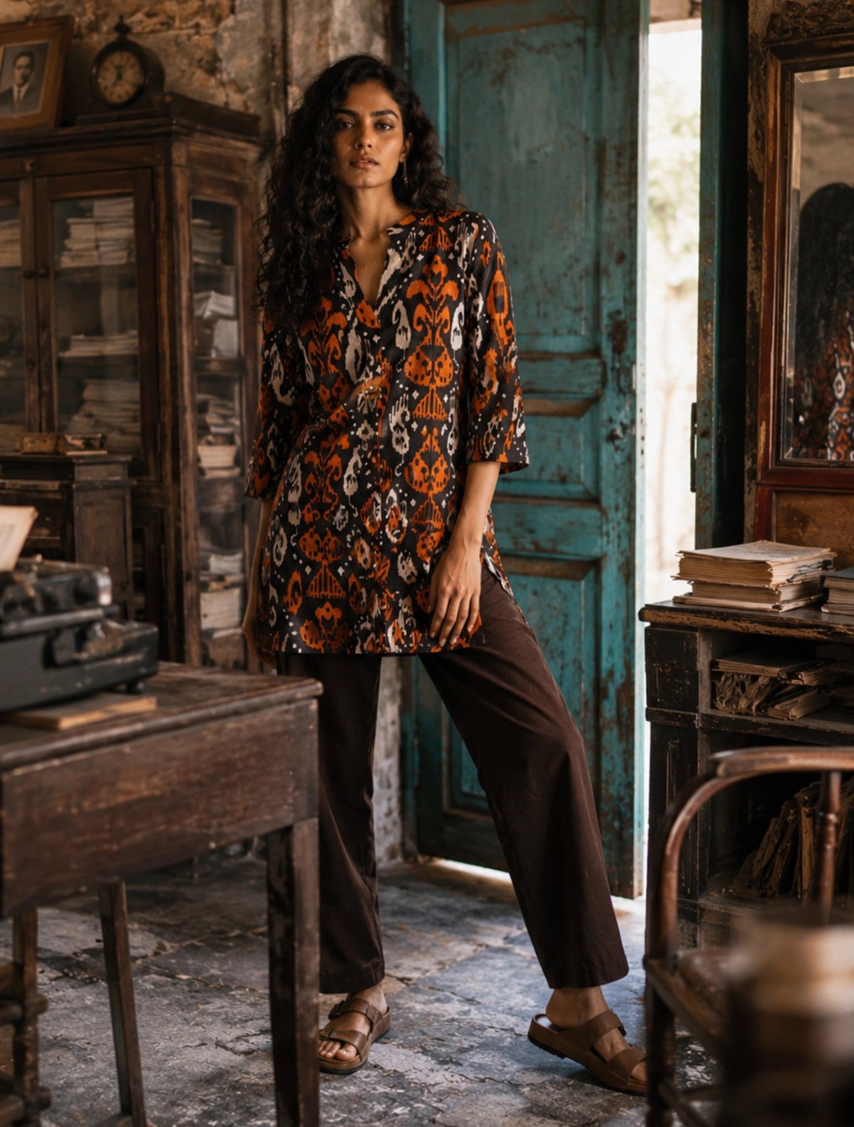 Cola Orange Ikat Print Cotton Co-ord Set